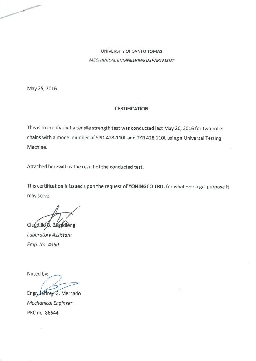 UST Engineering certification document, University of Santo Tomas, May 25, 2016